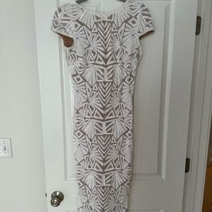 DRESS THE POPULATION Fully Beaded White Midi Dress